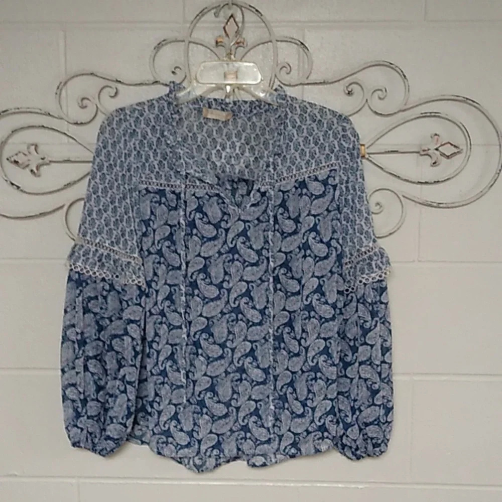 ALTAR'D STATE BOHO, COTTAGECORE, DENIM BLUE PAISLEY, LONG SLEEVE BLOUSE